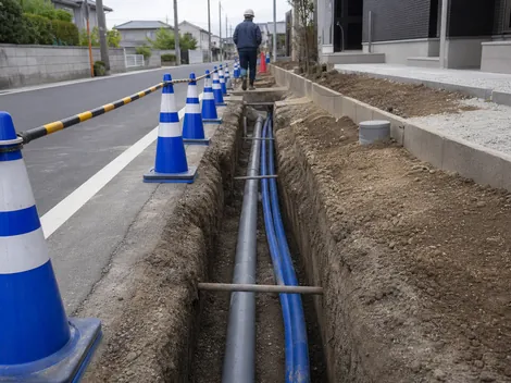 屋外給排水工事:道路沿いでの配管作業